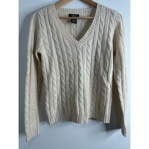 Lord & Taylor Cashmere Blend Cable Knit V Neck Sweater Cream Sm Petite Metallic